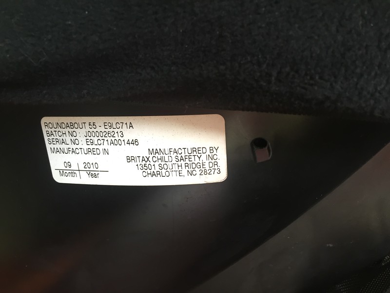 Manufacturer's label on the side of a Britax Roundabout convertible car seat