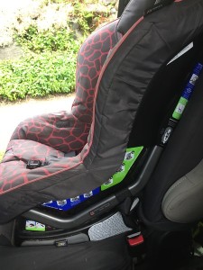 Side view with all the labels on a Britax Marathon convertible car seat