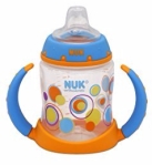 Nuk Learner soft spout sippy cup in 5 ounce size with handles in blue and orange with polka dot design