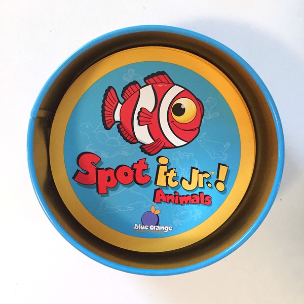Spot It Junior animals card matching game in tin case