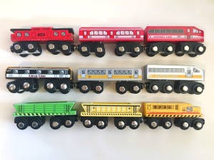 wooden trains purchased at Target by Circo and All Aboard brands