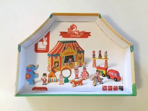 Janod Story Box Circus inside lid with paper showing contents cut out to fit and glued on