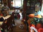 Living and dining room in a huge mess with toys and things scattered on every surface