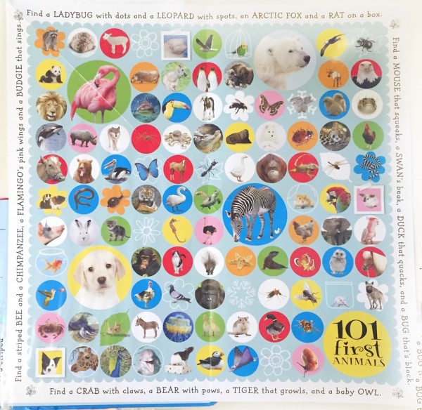 Back page of 101 first animals board book folded out