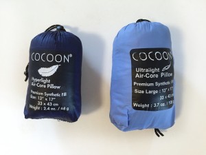 Cocoon hyperlight and ultralight packable pillows side by side in sacks