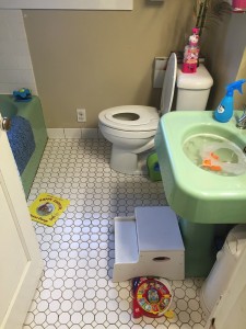 Bathroom with child seat on toilet and toys sink full of soapy water