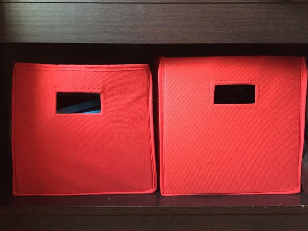 RiverRidge kids soft storage bins in red on bookshelf filled with toys