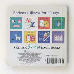Back of Blue Hat Green Hat board book by Sandra Boynton showing collection of eight classic books by same author