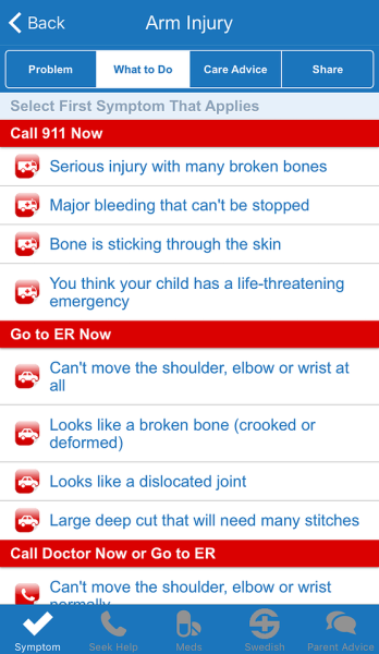 Screenshot of what to do for arm injury from kids health app