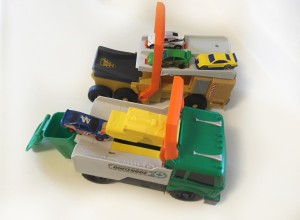 Garbage truck and mlitary vehicle power launcher hot wheels matchbox cars loaded side by side