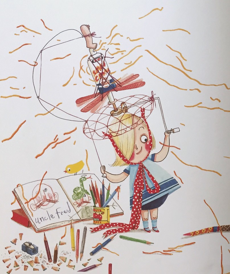 Rosie Revere Engineer book by Andrea Beaty close up illustration of main character with cheese spray hat