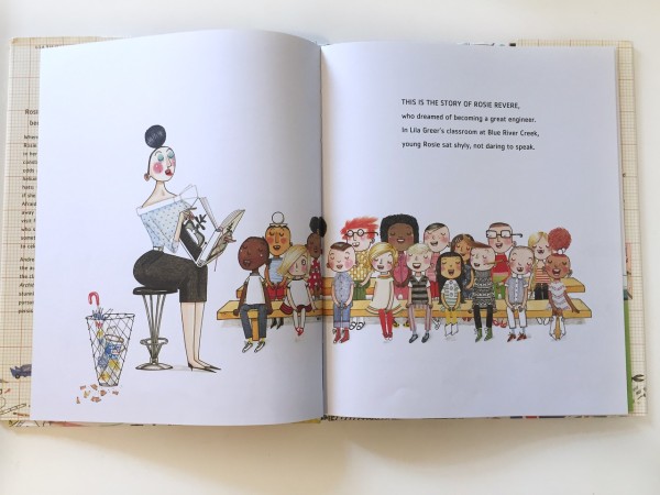 Pages spread from Rosie Revere Engineer by Andrea Beaty inside classroom