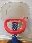 Little Tikes adjustable easy score basketball hoop in blue and red with white backdrop