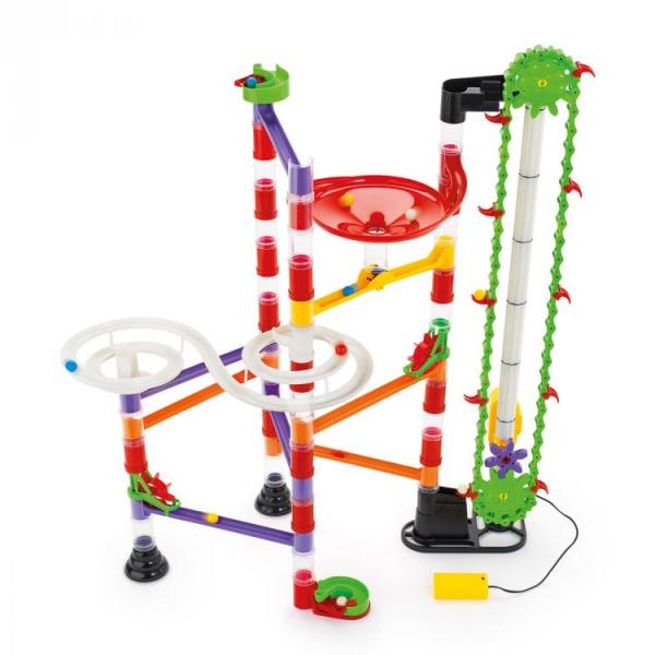 Quercetti 6575 marble run with motorized elevator spiral and red funnel pieces
