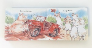 Page spread and rhyming text from Sheep in a jeep board book