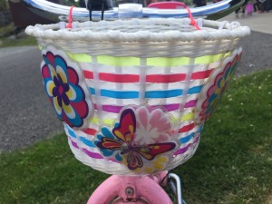 Ride Along Dolly kids light up bike basket white with colored stripes and light up flower and butterfly