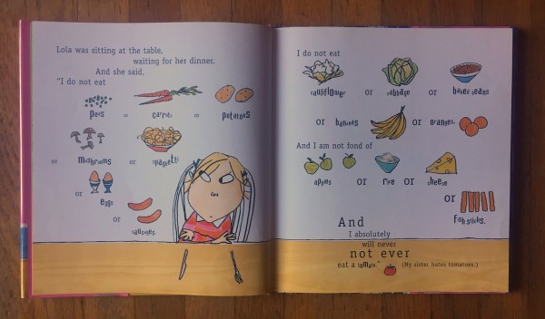 Lola lists the foods she will not eat in I Will Never Not Ever Eat a Tomato book