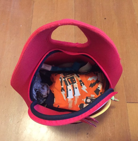 Child's school bag packed with spare clothes