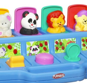 Close up of levers on Playskool Poppin Pals pop up infant and toddler toy