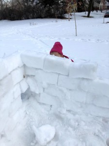 Snow fort wall with child's head barely visible behind it