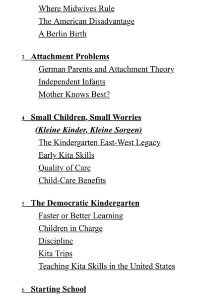 Table of contents from Sara Zaske's Achtung Baby parenting German book