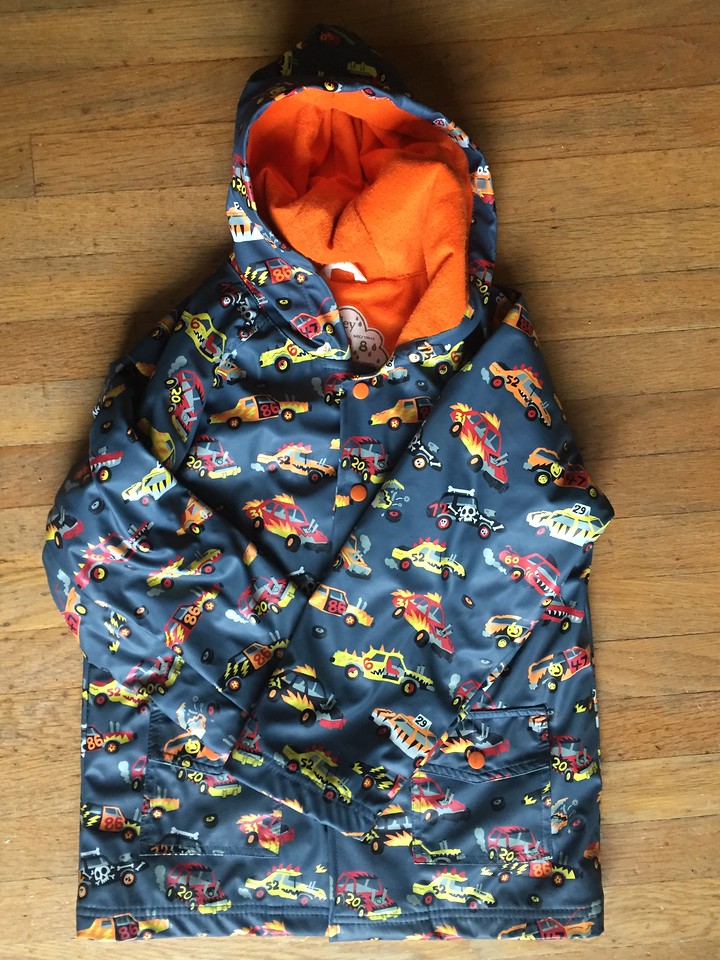 Hatley rain jacket coat size 8 boys orange towel lining cars print