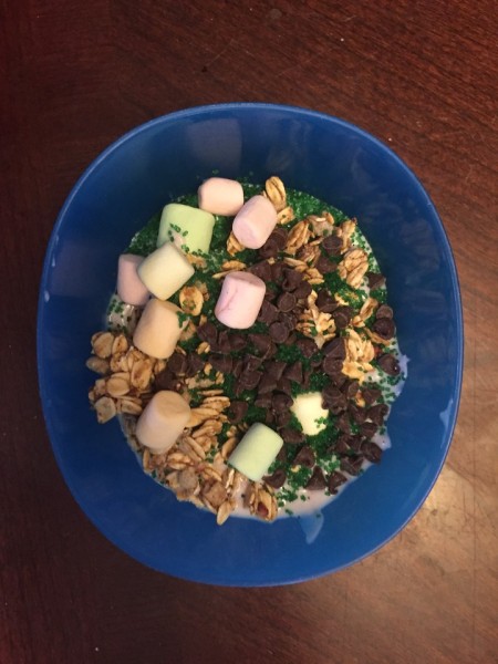Bowl of yogurt, granola, mini chocolate chips, and mini marshmallows