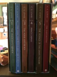 Seven book boxed set of Chronicles of Narnia by C S Lewis spines shown