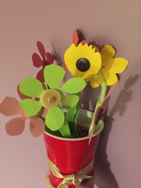 Flower Button Bouquet in plastic cup made with utensils and straws