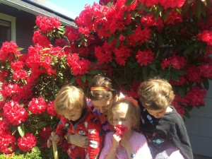 Mom with three kids looking down in front of red rhododendron bush for Mother's Day photos