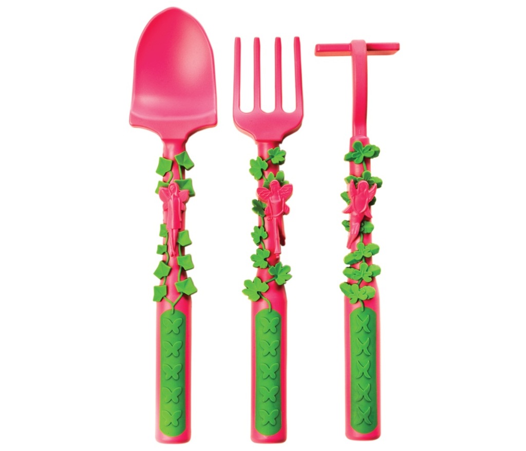 Constructive Eating Garden Fairy Utensil set rake fork shovel spoon hoe pusher pink with green leaves and vines