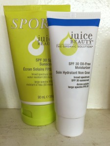 Juice Beauty SPF 30 Moisturizer and Sport Suncreen on white shelf