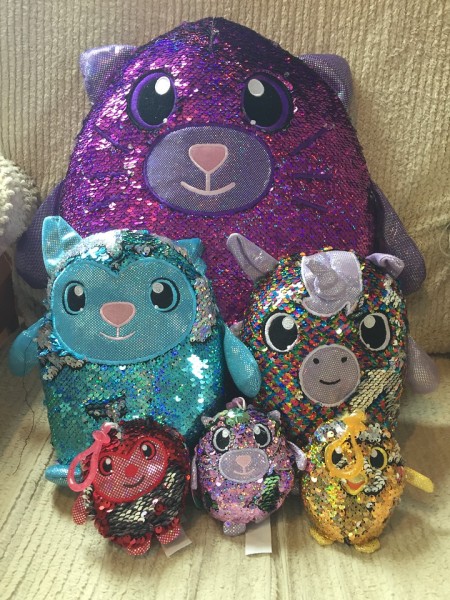 Shimmeez reversible sequin stuffed animals in large, medium, and small clip on sizes
