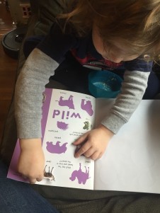 Child adding sticker to Animal Sticker Activity Book Priddy books