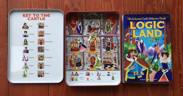 Logic Land The Enchanted Castle Deduction Puzzle showing booklet of riddles to solve and inside of both sides of magnet tin