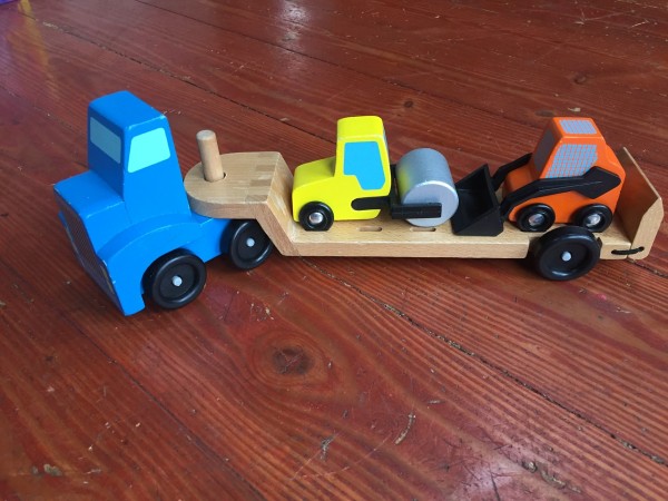 Melissa and Doug Low Loader wooden vehicle play set flatbed truck and trailer with yellow steam roller and orange front loader skid steer toy