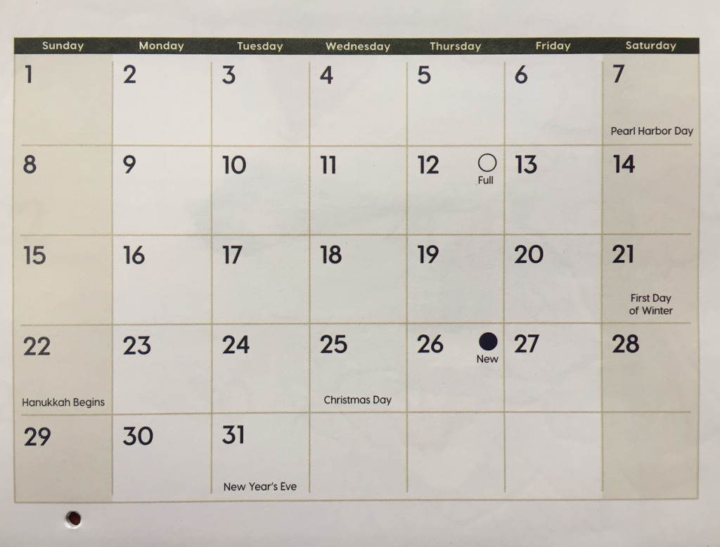 December 2019 calendar with one day per box and holidays marked