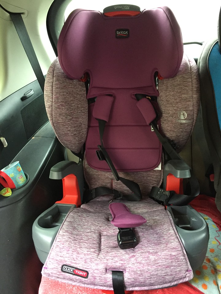 Britax Grow with Me harness to highback booster combination car seat installed in back row of Mazda5