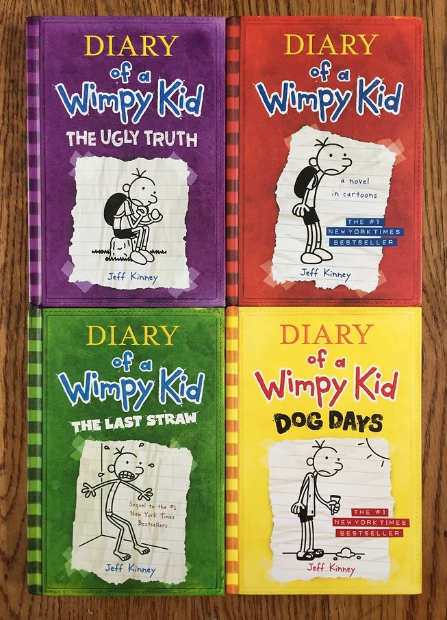 Diary of a Wimpy Kid by Jeff Kinley original book in series with red cover, The Ugly Truth purple cover, The Last Straw green cover, Dog Days yellow cover