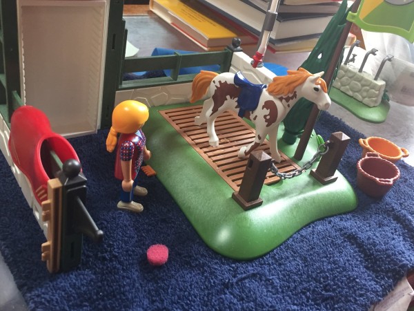 Playmobil horse grooming station toy set up on washcloth
