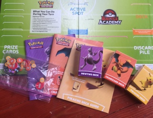 Pokemon Battle Academy Box contents Mewtwo Charizard Pikachu instruction booklets damage markers coin and playing board