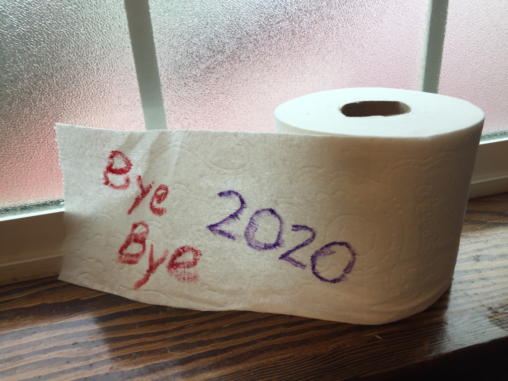 Bye bye 2020 written on toilet paper partially unrolled on windowsill