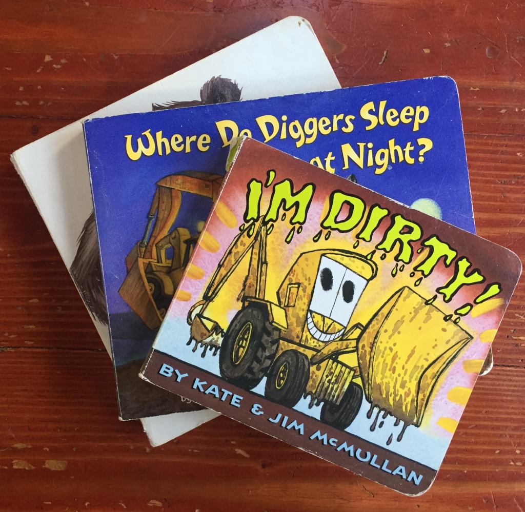 Board books for toddlers The Very Cranky Bear Where Do Diggers Sleep at Night? and I'm Dirty in a fanned stack