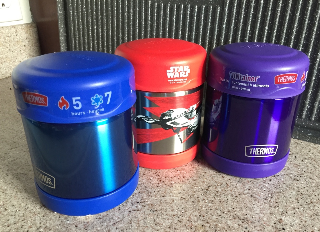 Thermos ten ounce Funtainer insulated food jar container blue red Star Wars and purple