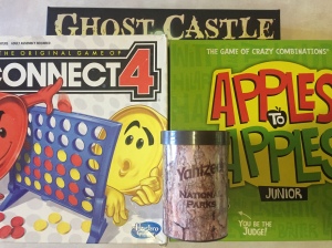 Ghost Castle Connect 4 Apples to Apples Junior and Yahtzee National Parks version family games