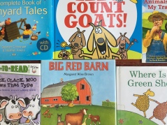 Farm themed picture books for kids Barnyard Tales, Let's Count Goats!, How Many Animals Will Fit on My Tractor?, Click Clack Moo Cows That Type, Big Red Barn, Where Is the Green Sheep?