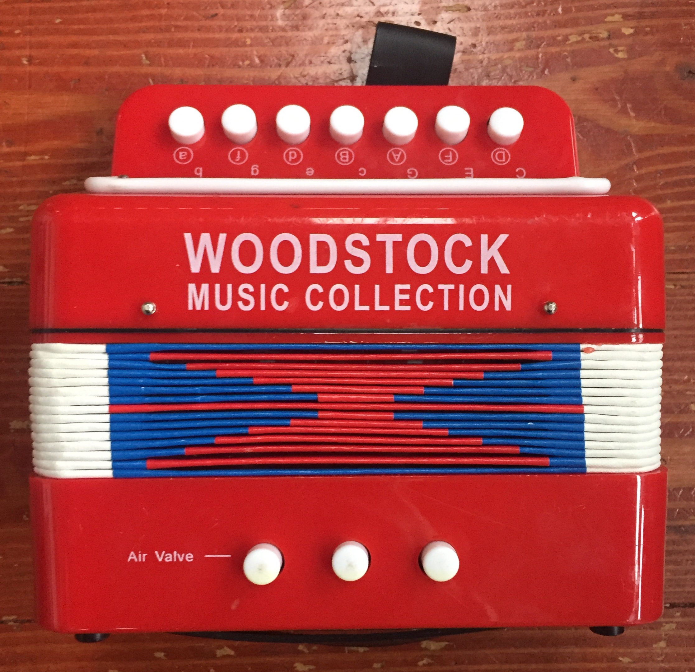 Kids Accordion in bright red with blue red and white diaphragm