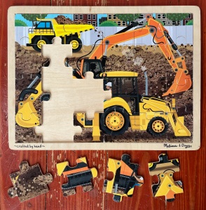 Melissa & Doug digger excavator dump truck construction site puzzle for kids partially assembled
