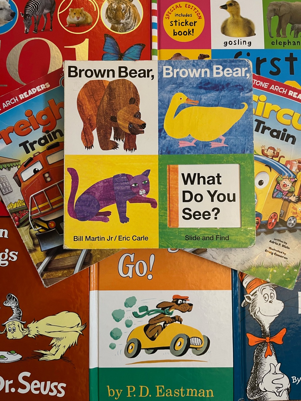 Brown Bear, Brown Bear, What Do You See? by Eric Carl, Go, Dog, Go! by P. D. Eastman, Green Eggs and Ham and The Cat in the Hat by Dr. Seuss, Freight Train, Circus Train, 101 First Animals, First 100 Animals books for kids learning to read