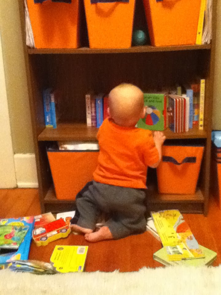 Toddler pulling books off bookshelves onto floor